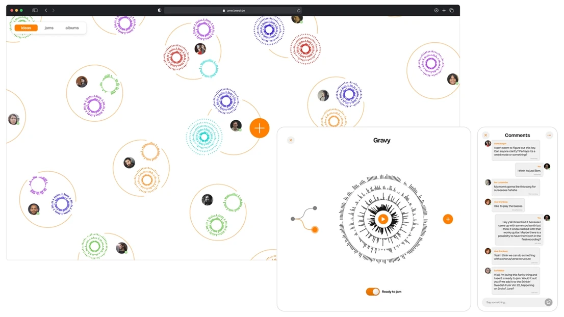 The BeeSide opens on a collaborative songwriting canvas, where users can post fresh ideas and add new layers to the grooves of their peers.
