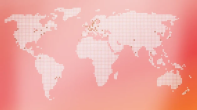 En grafisk världskarta som visar städer över hela världen där alumner från Designhögskolan bor och arbetar.