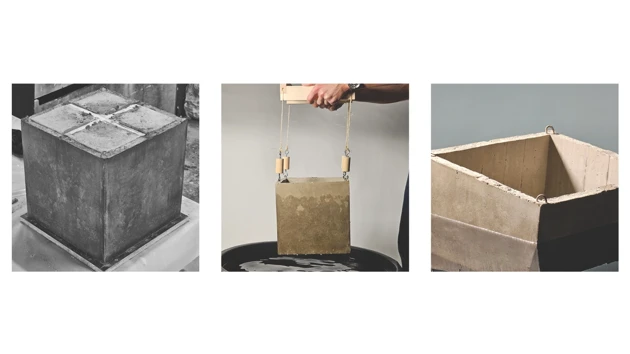 3 images of constructed scale model/cube, floating.