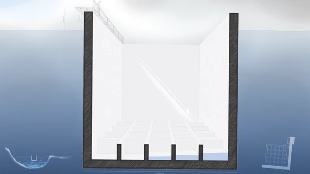 rendered drawing of floating building in river