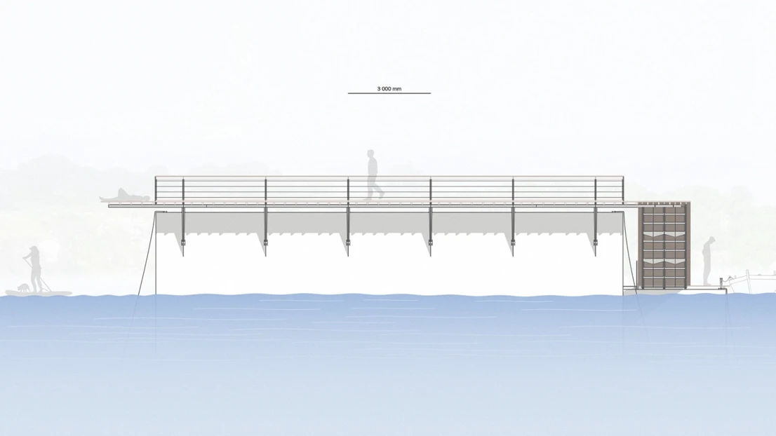 Rendered image of floating building on river, sideview, person walking on top.