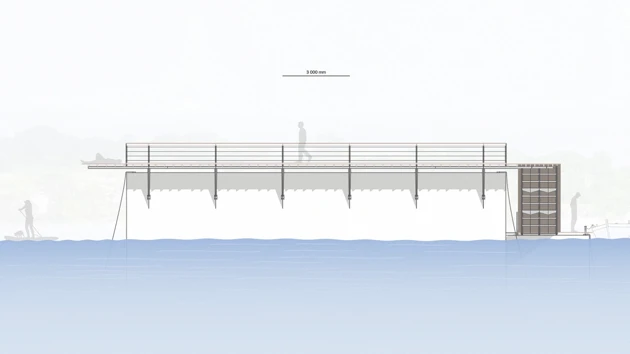 Rendered image of floating building on river, sideview, person walking on top.