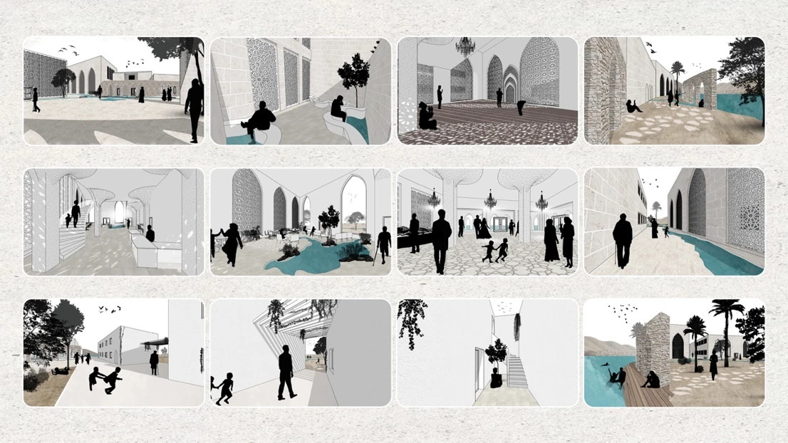 Different rendered images showing people interacting with drawn environment