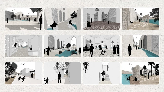 Different rendered images showing people interacting with drawn environment