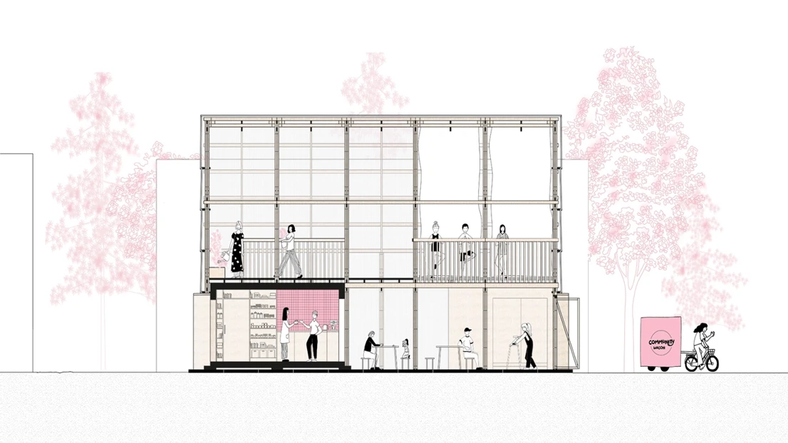 Drawn section of square formed building, people, trees etc