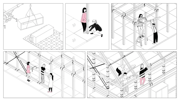 Drawn images showing process of people building a house together