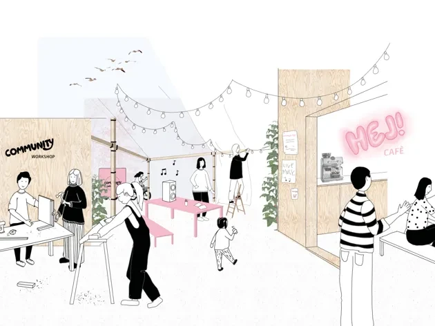 Drawing of people using community space, interior