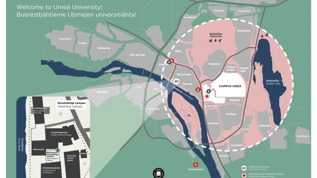 Karta över Umeå och Konstnärligt campus.