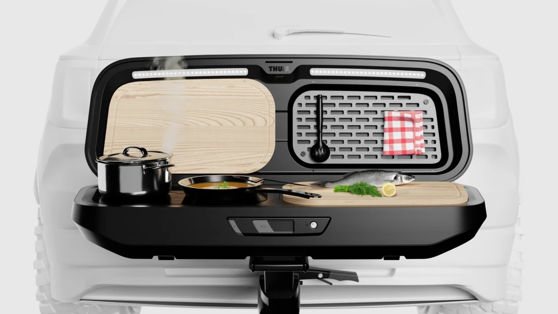 Artyom Shpagin & Thorben Westendorf / Nomad Kitchen – A tow hook–mounted electric cooking solution with adjustable height to accommodate children.