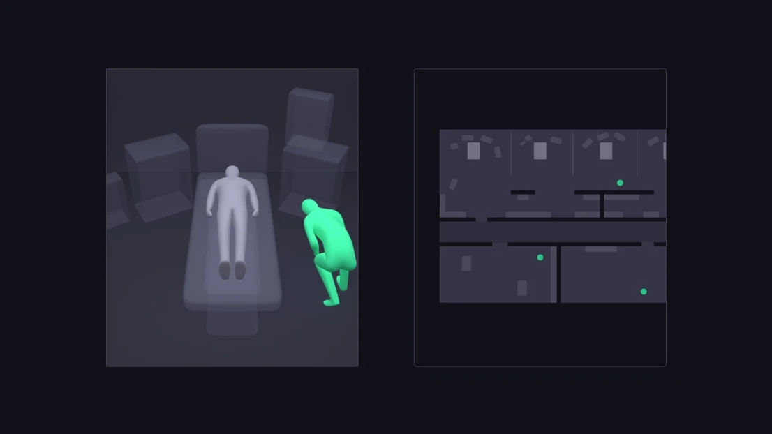 Video feed: zooming in shows 3D figures(left), zooming out shows 2D map of the ward(right).