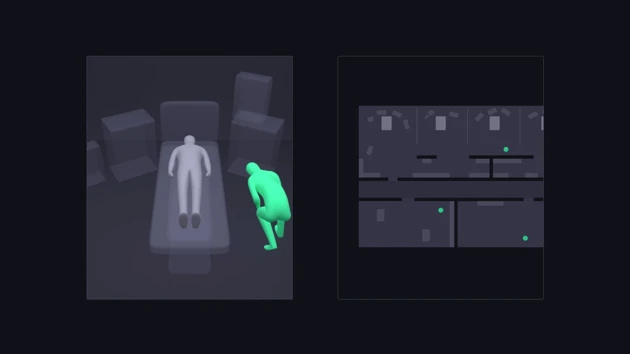 Video feed: zooming in shows 3D figures(left), zooming out shows 2D map of the ward(right).