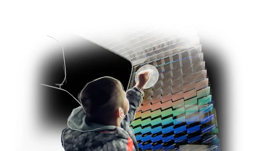 Interior illustration: When a large magnet is moved across the glass surface covering the light filter, the planes rotate – attracted by the magnet.