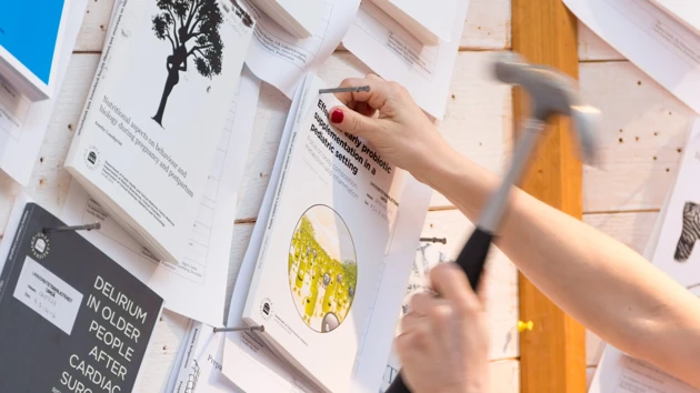 A hand holds a hammer hitting a nail to post a thesis to a notice board.