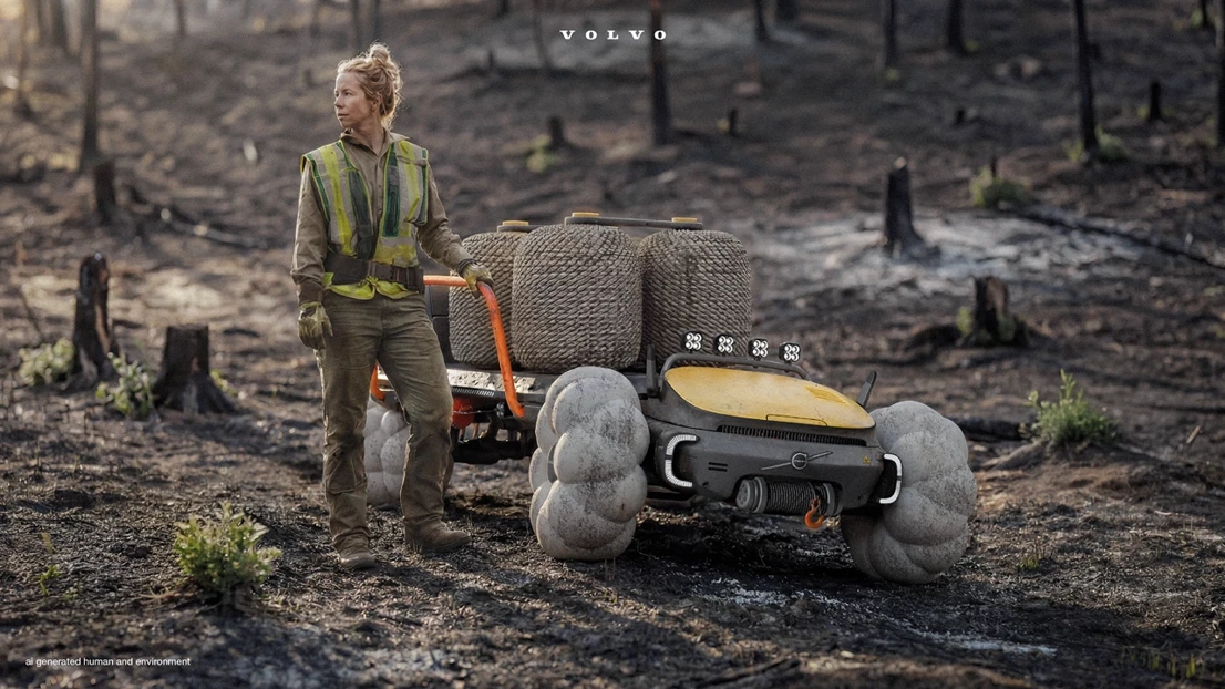 En kvinna som står bredvid en brandbil i skogen.