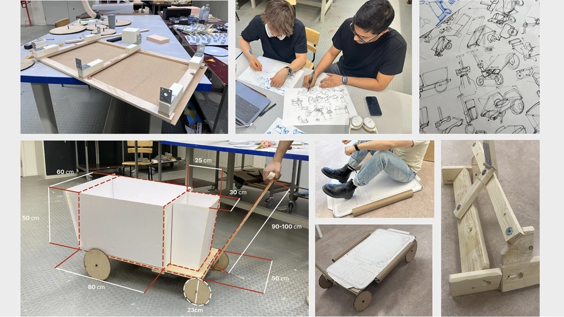 We defined rough dimensions, understood how big the cart needs to be, if the kids have to sit into it, looked into ergonomics and did mockup and prototypes to validate our findings.