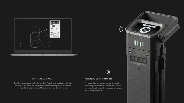 Results can be transmitted wirelessly. It provides detailed information about the scene for the police report.