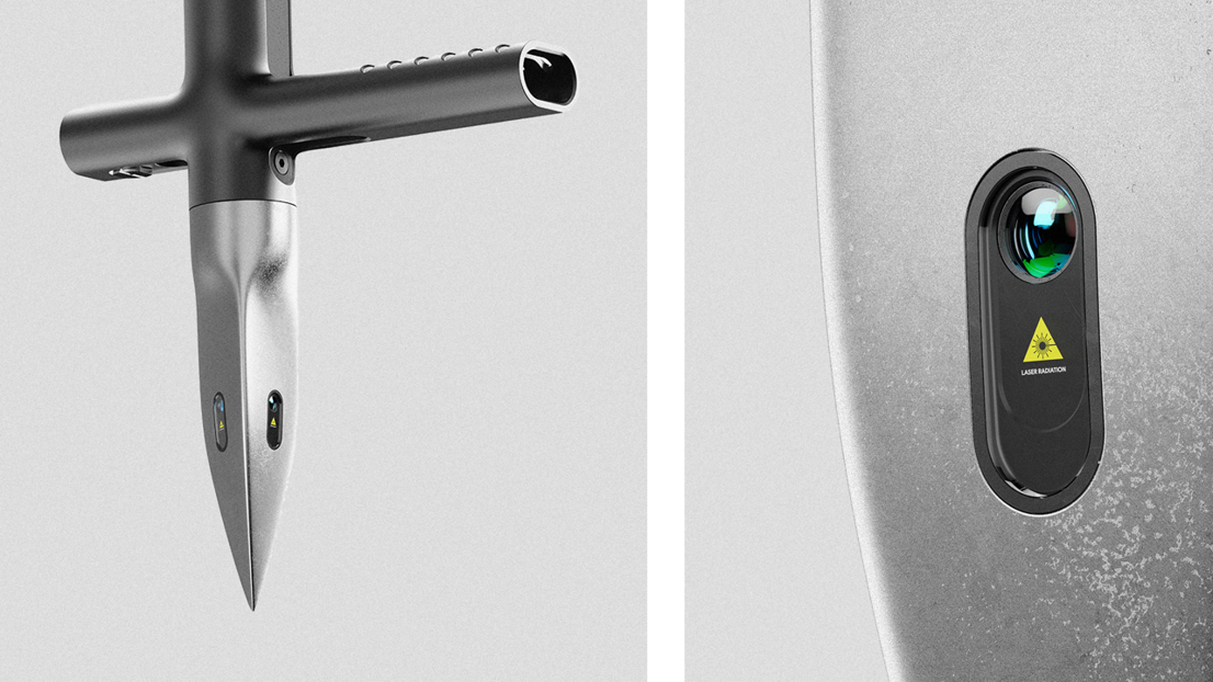 The sensor tip featuring Raman spectroscopy technology for real-time soil testing.