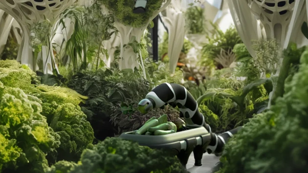 Nils Achenbach & Valerie Feiertag / BioSculptor: A vision for an AI controlled green house where robots create structures for optimal growing and harvesting conditions.