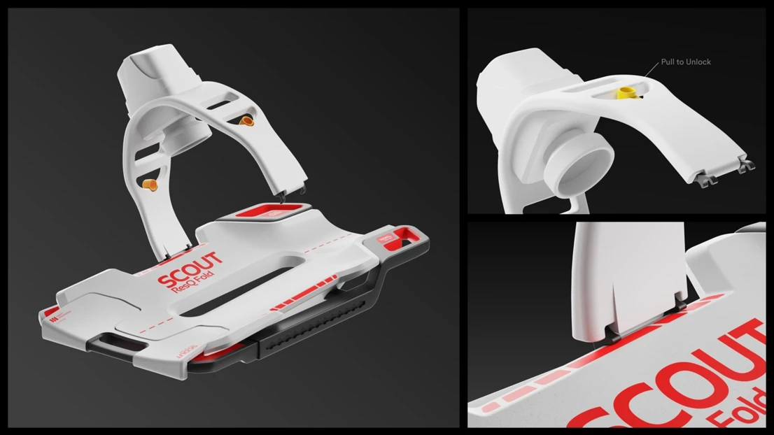 SCOUT ResQ Fold is a compact extraction stretcher with an extendable folding seat and integrated LUCAS 3 rail system that enables uninterrupted CPR and safer patient transport through narrow, urban spaces.