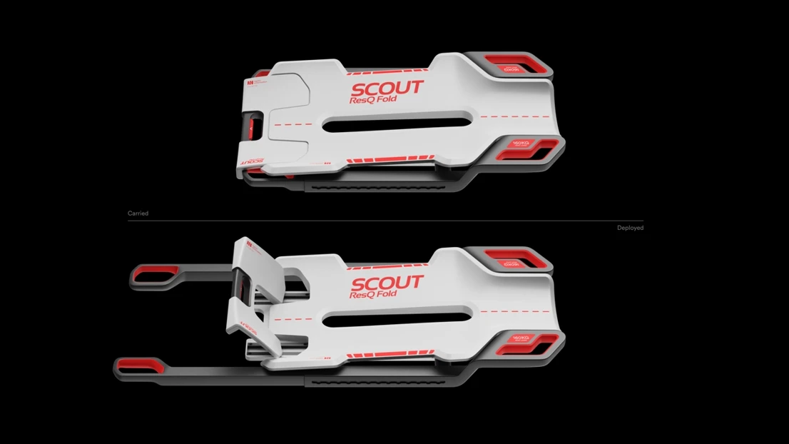 SCOUT ResQ Fold is a compact extraction stretcher with an extendable folding seat and integrated LUCAS 3 rail system that enables uninterrupted CPR and safer patient transport through narrow, urban spaces.