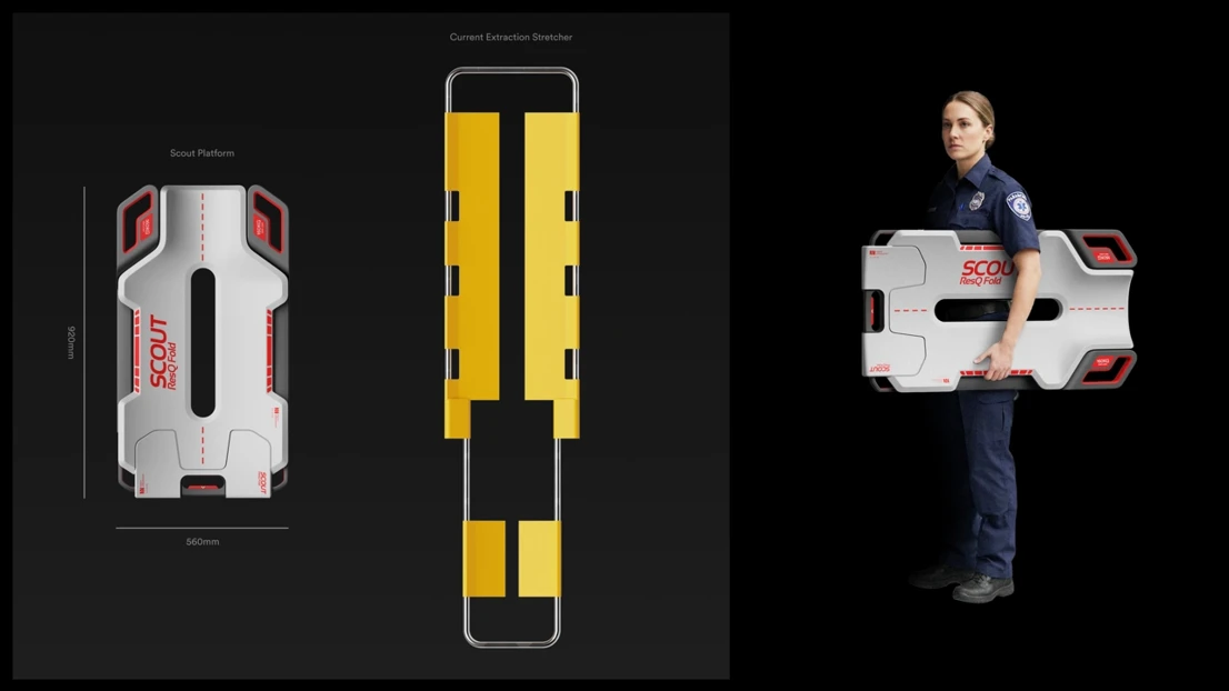 SCOUT ResQ Fold is a compact extraction stretcher with an extendable folding seat and integrated LUCAS 3 rail system that enables uninterrupted CPR and safer patient transport through narrow, urban spaces.