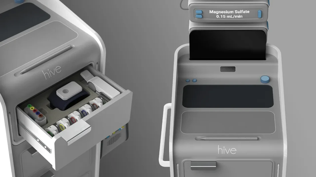 The Getinge hive is a compact system that integrates essential ICU machines to streamline recovery and enhance communication.