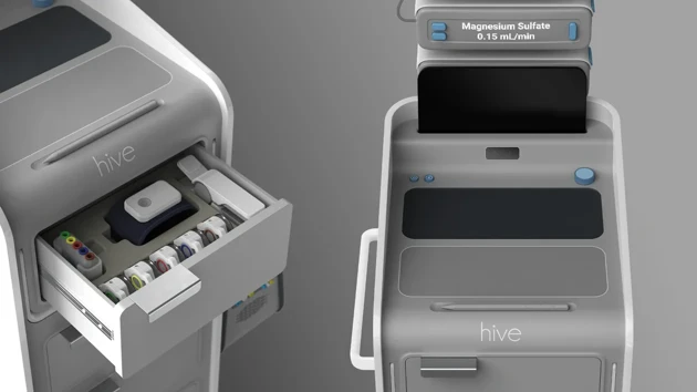 The Getinge hive is a compact system that integrates essential ICU machines to streamline recovery and enhance communication.