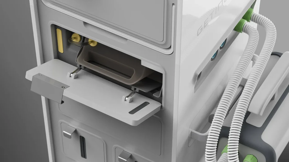 The Getinge hive is a compact system that integrates essential ICU machines to streamline recovery and enhance communication.