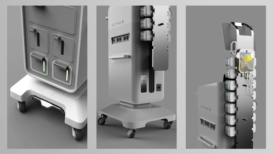 The Getinge hive is a compact system that integrates essential ICU machines to streamline recovery and enhance communication.