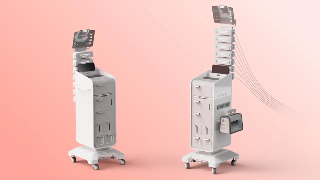 The Getinge hive is a compact system that integrates essential ICU machines to streamline recovery and enhance communication.