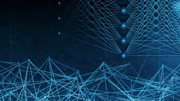 3D-illustration med neurala nätverk och ett blått människoansikte för att illustrera artificiell intelligens.