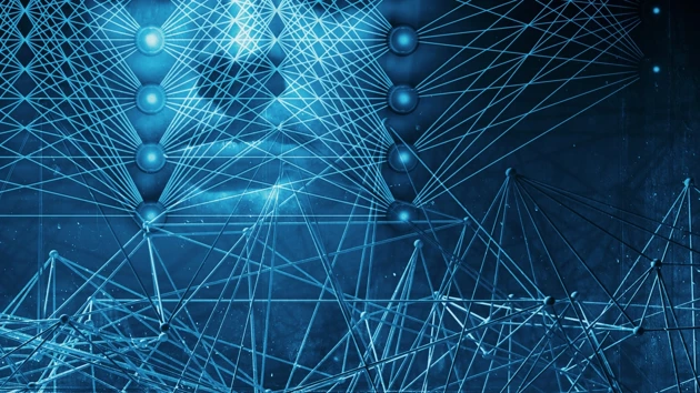 3D-illustration med neurala nätverk och ett blått människoansikte för att illustrera artificiell intelligens.