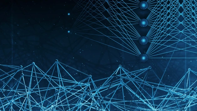 3D-illustration med neurala nätverk och ett blått människoansikte för att illustrera artificiell intelligens.