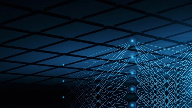 3D-illustration med neurala nätverk och ett blått människoansikte för att illustrera artificiell intelligens.