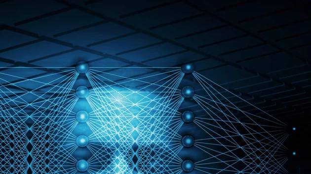 3D-illustration med neurala nätverk och ett blått människoansikte för att illustrera artificiell intelligens.