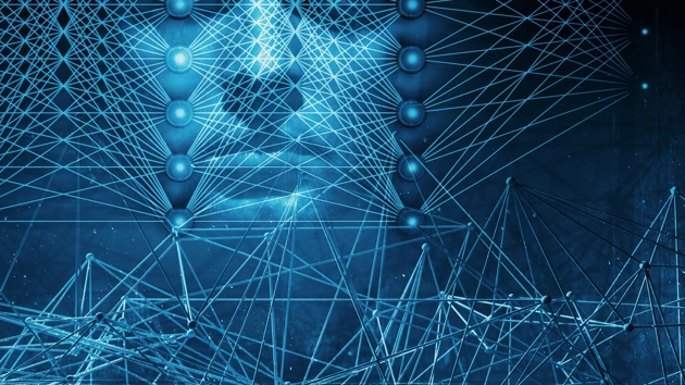 3D-illustration med neurala nätverk och ett blått människoansikte för att illustrera artificiell intelligens.