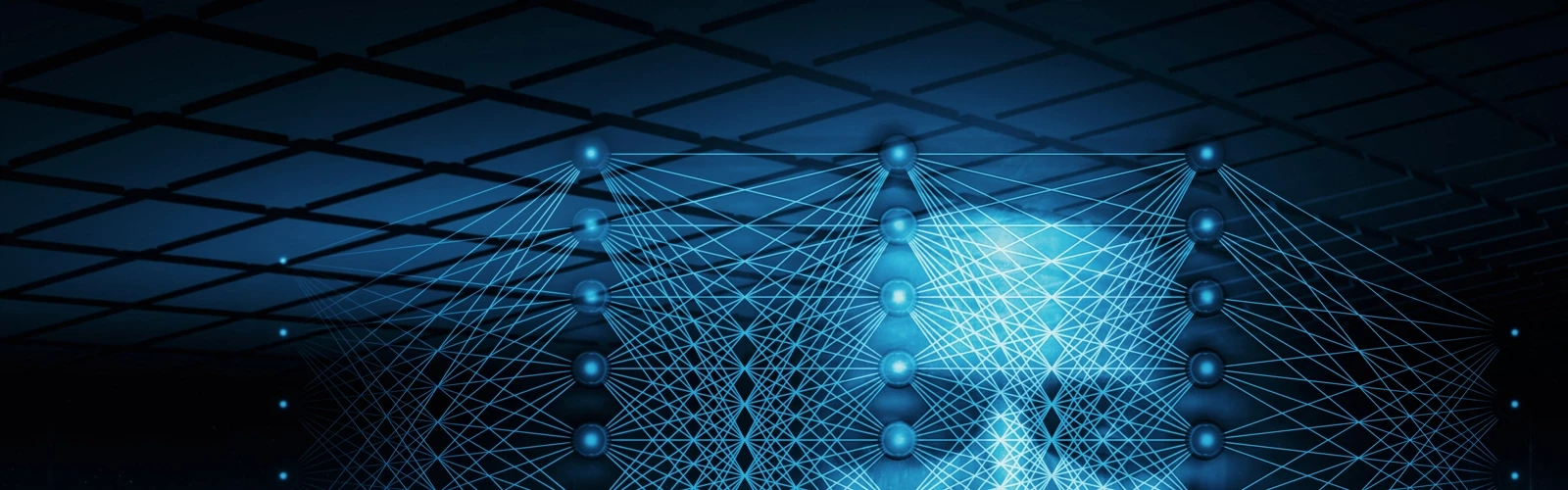 3D-illustration med neurala nätverk och ett blått människoansikte för att illustrera artificiell intelligens.