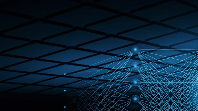 3D-illustration med neurala nätverk och ett blått människoansikte för att illustrera artificiell intelligens.