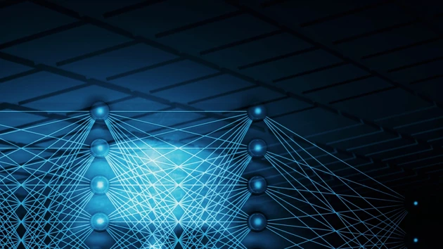 3D-illustration med neurala nätverk och ett blått människoansikte för att illustrera artificiell intelligens.
