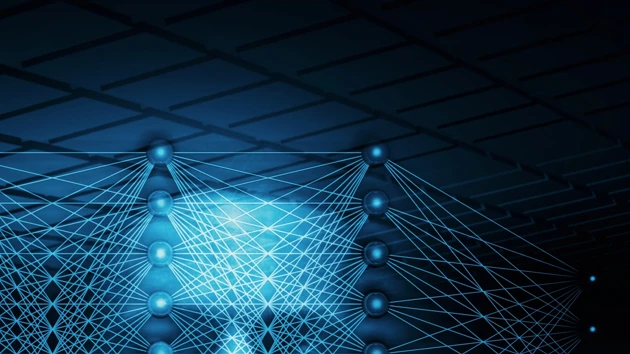 3D-illustration med neurala nätverk och ett blått människoansikte för att illustrera artificiell intelligens.