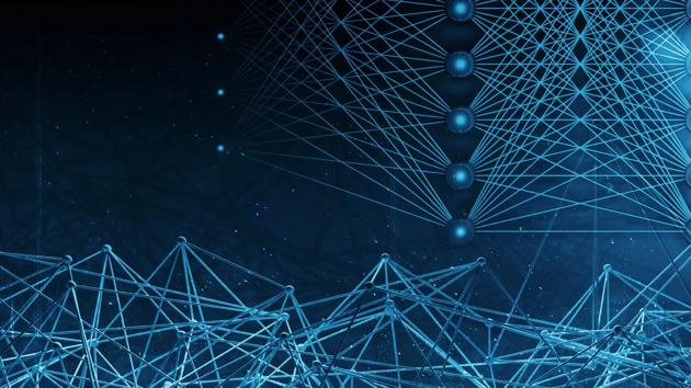 3D-illustration med neurala nätverk och ett blått människoansikte för att illustrera artificiell intelligens.