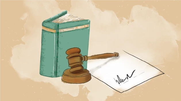 Illustration of law book, agreement and wooden mallet.