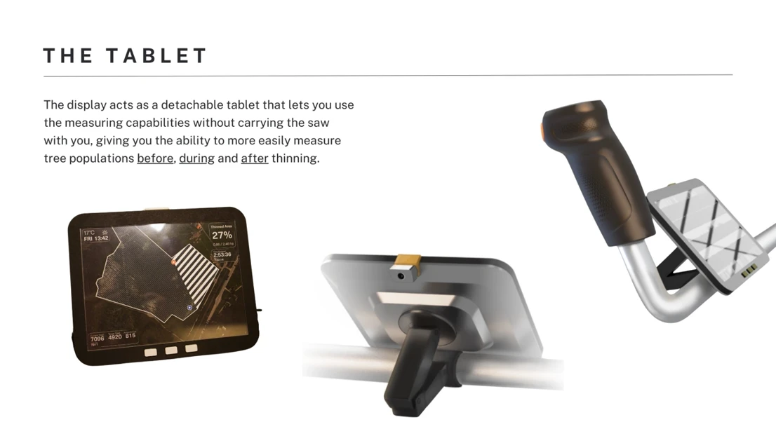 A detachable tablet lets the user measure when not connected to the saw.