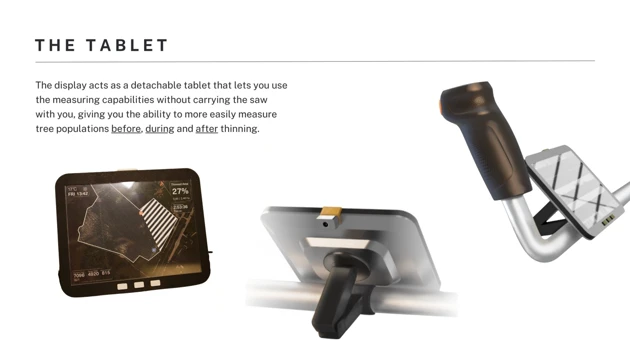 A detachable tablet lets the user measure when not connected to the saw.