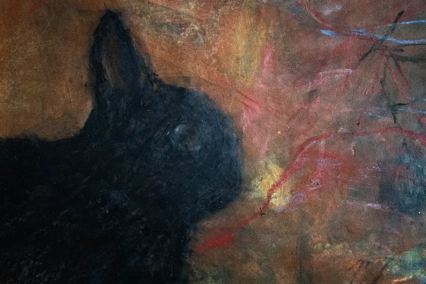 Målning av svart kanin på olikfärgad botten