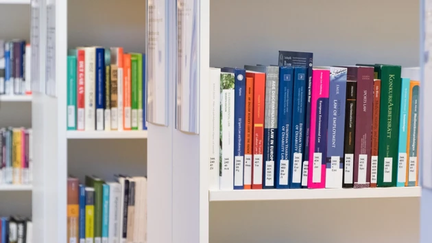 Some bookshelves with books arranged on them.