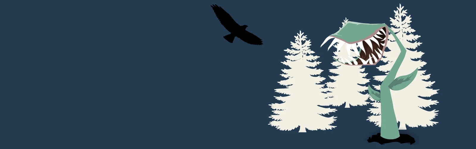 Köttätande växt. Fågel som flyger. Vita granar i bakgrunden. Illustration.