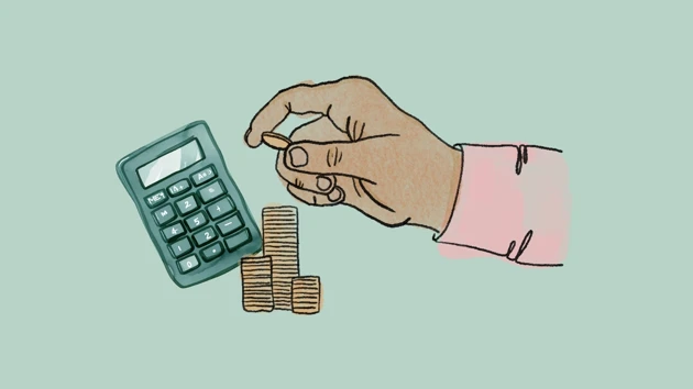 Calculator and a hand stacking coins.