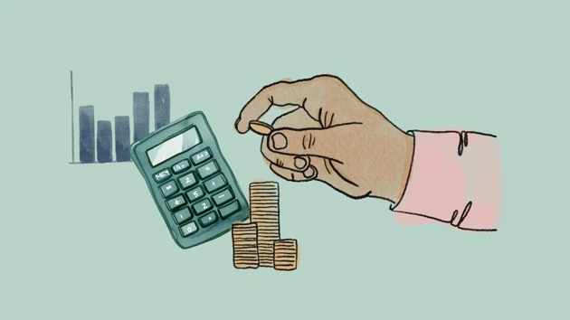 Graph, calculator and a hand stacking coins.