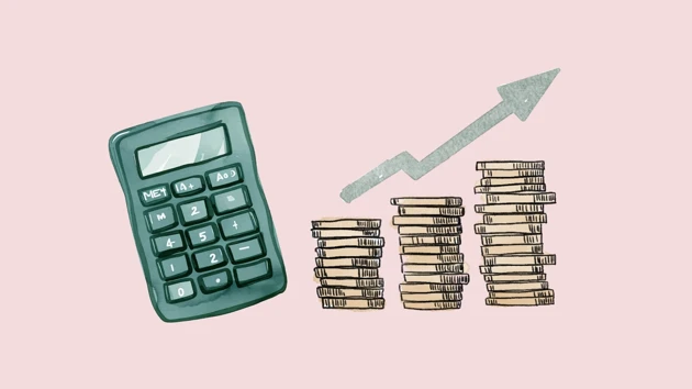 A calculator next to three stacks of coins.